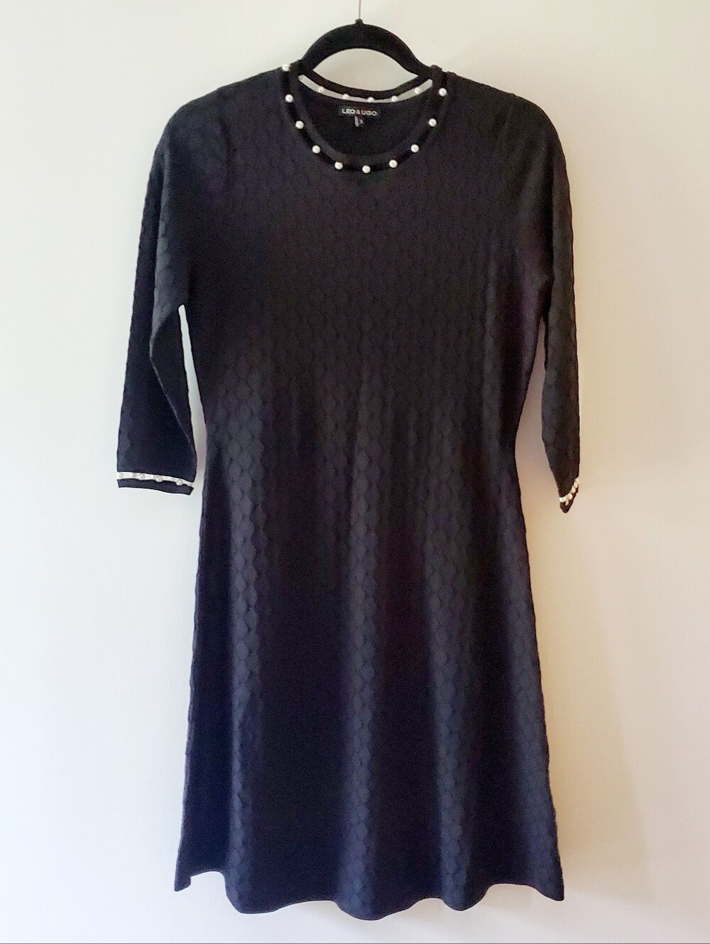 LEO & UGO FRANCE Black Textured Fit & Flared Cocktail Dress Pearl Trim Reception
